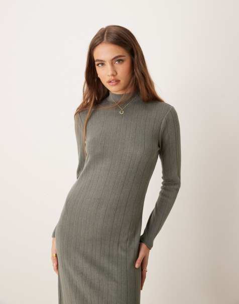 Vestido midi gris de manga larga con cuello subido de canalé de JDY - view 1