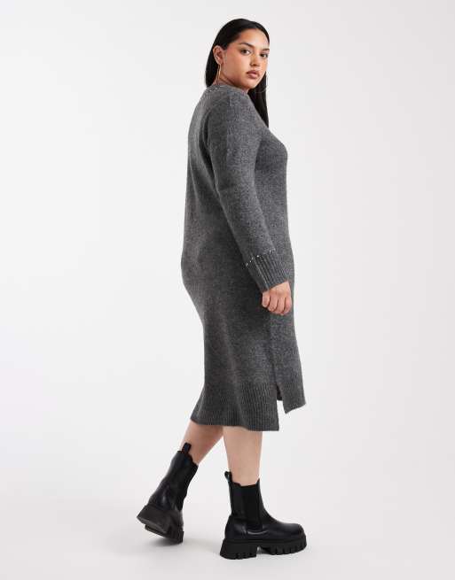 Vestido midi gris de punto con cuello de pico y tachuelas de ONLY Curve, 2 de 4
