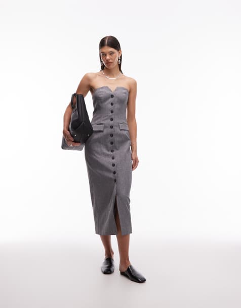 Vestido midi gris de sastre con escote palabra de honor, botones y detalle de bolsillos en la parte delantera de 4th & Reckless - view 1