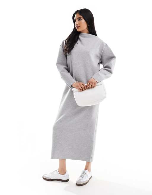 Vestido midi gris estilo sudadera de manga larga con cuello barco redondeado de ASOS DESIGN