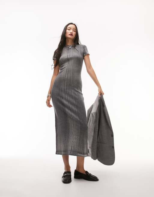 Vestido midi gris lavado de corte columna y manga corta estilo jersey de canalé de Topshop