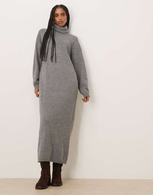 Vestido midi gris medio melange con cuello vuelto de punto de VILA