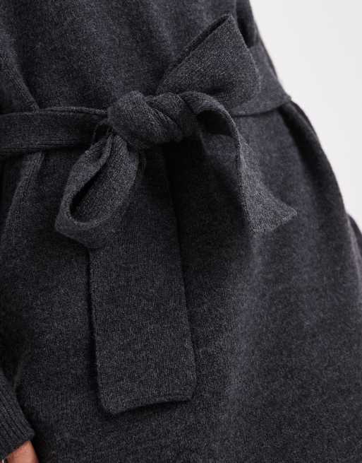 Vestido midi gris oscuro jaspeado con detalle de pliegue en los hombros y cinturón de punto de Object, 2 de 4