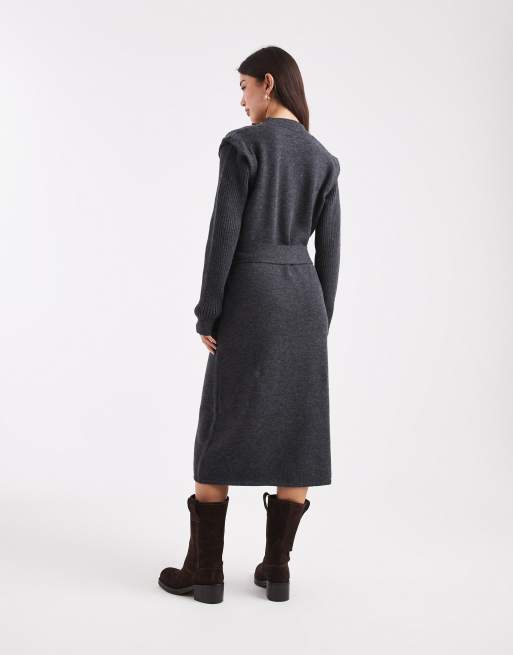 Vestido midi gris oscuro jaspeado con detalle de pliegue en los hombros y cinturón de punto de Object, 4 de 4