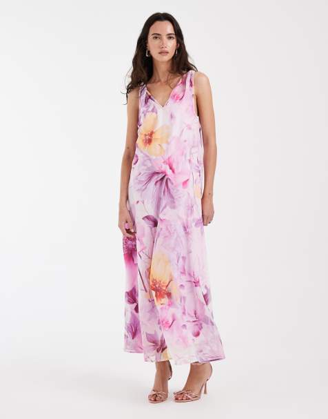 Vestido midi lila con estampado floral extragrande, cuello de pico y godets moldeadores de chifón de Vero Moda - view 1