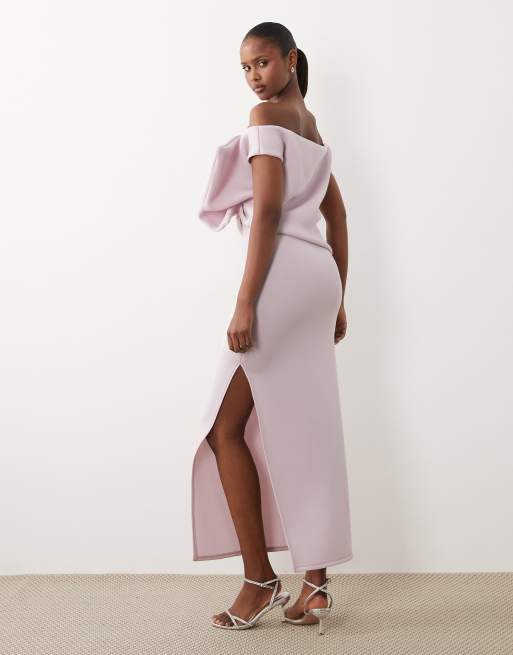 Vestido midi lila fruncido drapeado de tejido efecto neopreno de ASOS DESIGN, 4 de 4