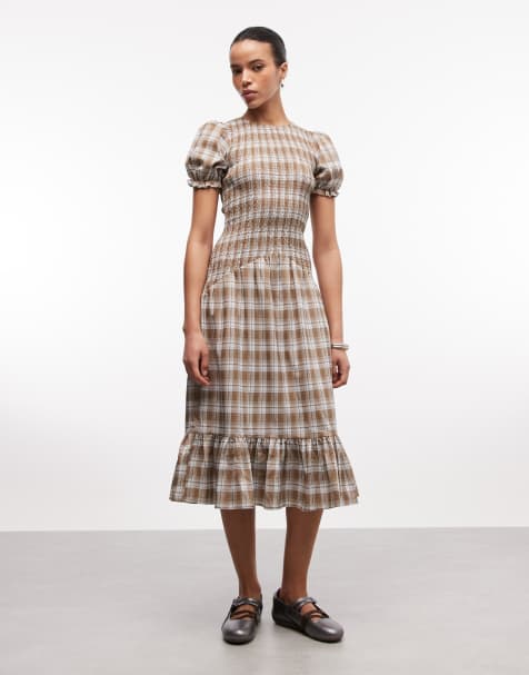 Vestido midi marrón a cuadros fruncido con cintura baja y mangas abullonadas de Daisy Street - view 1