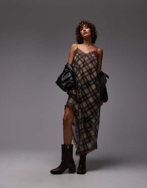 Vestido midi marrón chocolate a cuadros con bajo asimétrico y diseño a capas transparentes de Reclaimed Vintage - view 1