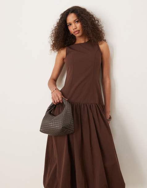 Vestido midi marrón chocolate con bajo caído de Ghospell - view 1