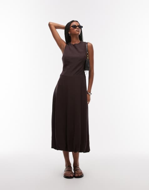 Vestido midi marrón chocolate con bajo ligeramente abullonado de Mango - view 1