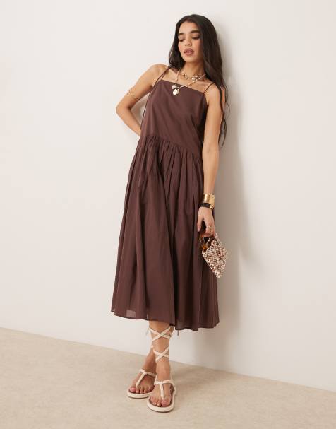 Vestido midi marrón chocolate con cintura baja de ASOS DESIGN - view 1