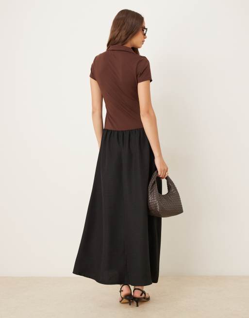 Vestido midi marrón chocolate con diseño híbrido de camiseta abotonada de ASOS DESIGN, 3 de 4