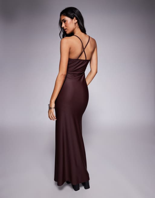 Vestido midi marrón chocolate con escote cuadrado y diseño moldeado de ASOS DESIGN, 3 de 4