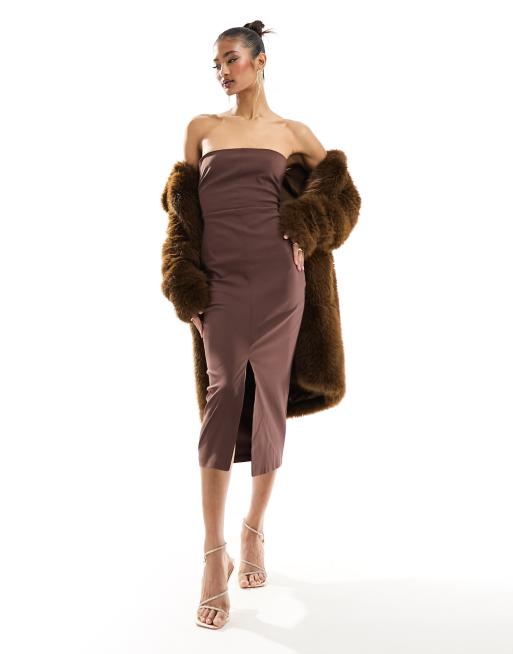 Vestido midi marrón chocolate con escote palabra de honor de bengalina de Vesper, 3 de 4
