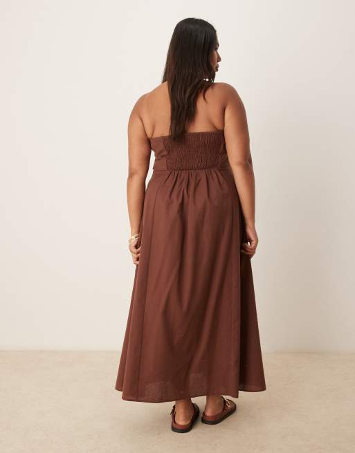 Vestido midi marrón chocolate con escote palabra de honor plegado de ASOS DESIGN Curve, 3 de 4