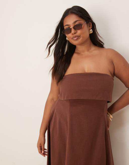 Vestido midi marrón chocolate con escote palabra de honor plegado de ASOS DESIGN Curve, 4 de 4