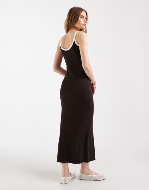 Vestido midi marrón chocolate con ribetes blancos en contraste de canalé de ASOS DESIGN, 3 de 4