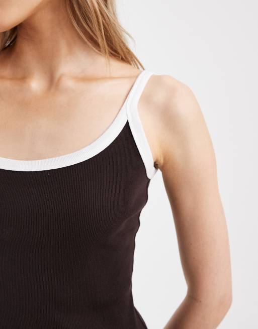 Vestido midi marrón chocolate con ribetes blancos en contraste de canalé de ASOS DESIGN, 4 de 4