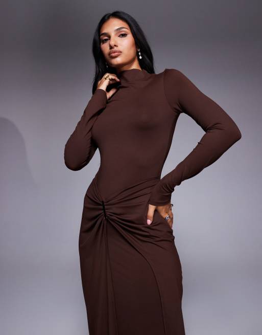 Vestido Cruzado Vestido Marron Manga Larga Vestido Midi Marrón