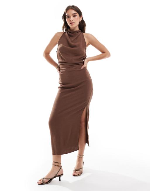 ASOS DESIGN high neck cross back column midi dress in chocolate