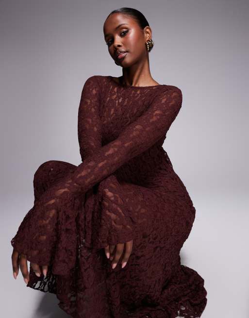 Vestido midi marrón chocolate de manga larga con bajo de picos de encaje de ASOS DESIGN, 2 de 4