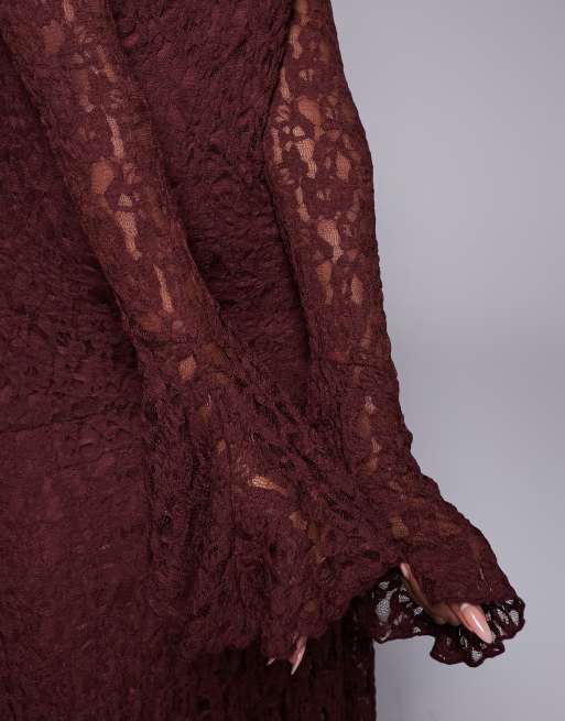 Vestido midi marrón chocolate de manga larga con bajo de picos de encaje de ASOS DESIGN, 3 de 4