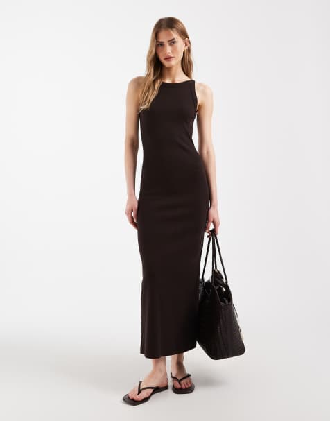 Vestido midi marrón chocolate fruncido de canalé de ASOS DESIGN - view 1