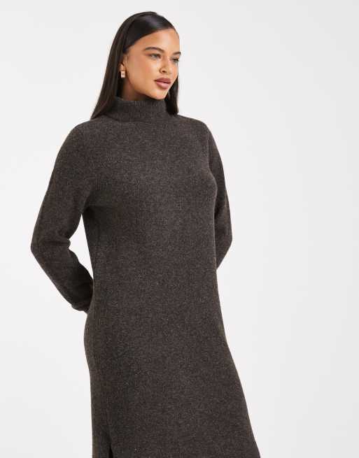 Vestido midi marrón chocolate melange con cuello vuelto de punto suave de Vero Moda, 2 de 4