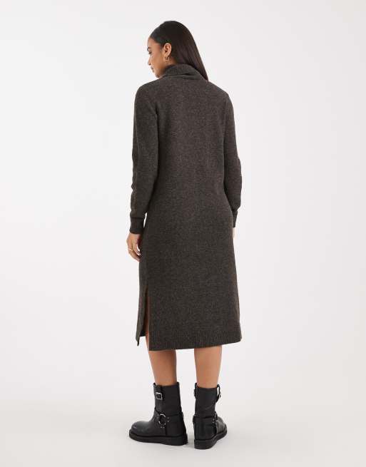 Vestido midi marrón chocolate melange con cuello vuelto de punto suave de Vero Moda, 4 de 4