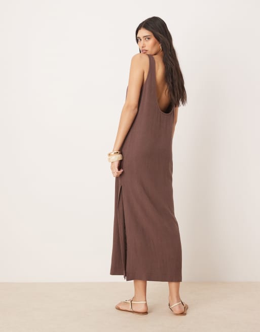 ASOS DESIGN scoop neck midi dress with linen in bitter chocolate