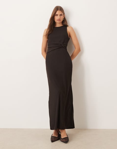 Vestido midi marrón chocolate sin mangas con espalda de nadadora y detalle anudado en la cintura de canalé de ASOS DESIGN - view 1