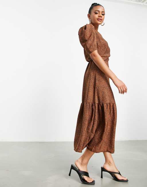Vestido midi marrón con cuello redondo y estampado de lunares de AX Paris
