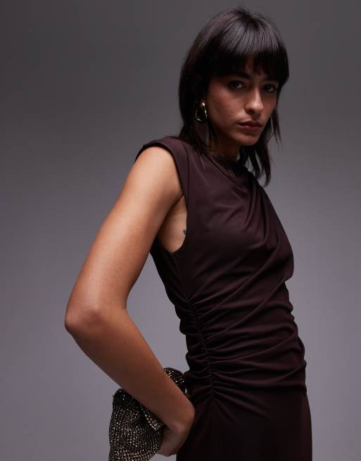 Vestido midi marrón con detalle drapeado de malla de & Other Stories, 2 de 4