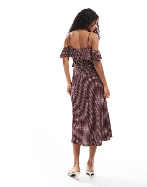 Vestido midi marrón con estampado de lunares y volantes de New Look, 4 de 4