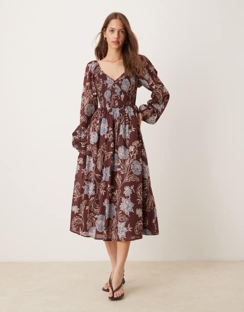 Vestido midi marrón con estampado floral y mangas globo Amaya de Nobody's Child - view 1