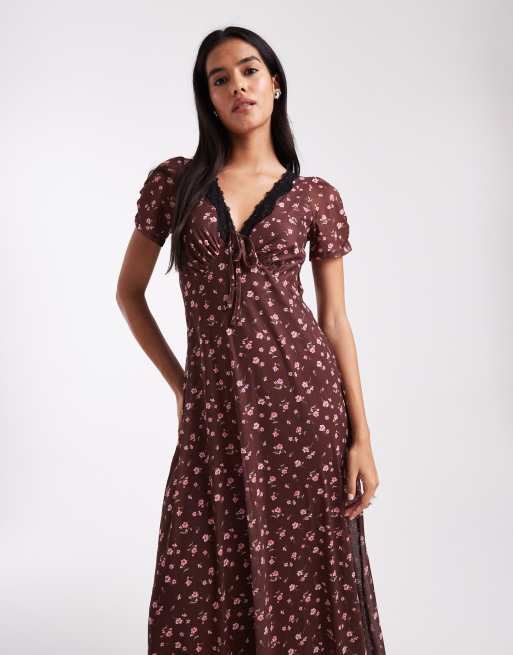 Vestido midi marrón de malla con estampado floral y ribete de encaje de New Look, 4 de 4