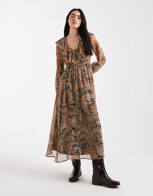 Vestido midi marrón de manga larga con estampado de cachemir de chifón de New Look, 2 de 4