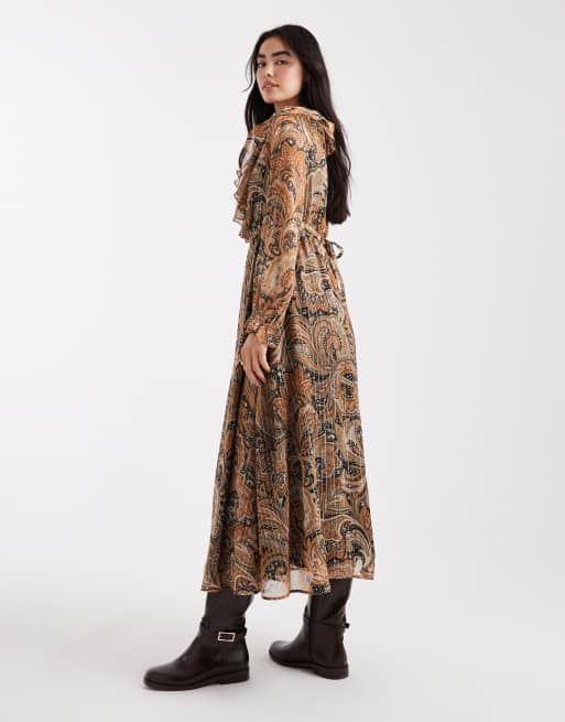 Vestido midi marrón de manga larga con estampado de cachemir de chifón de New Look, 4 de 4