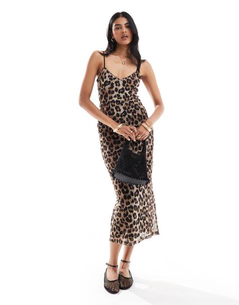Vestido midi marrón de tirantes con estampado de leopardo de Mango - view 1