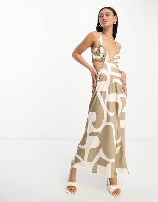 Vestido Halter Estampado Marrón Con Cuello Halter