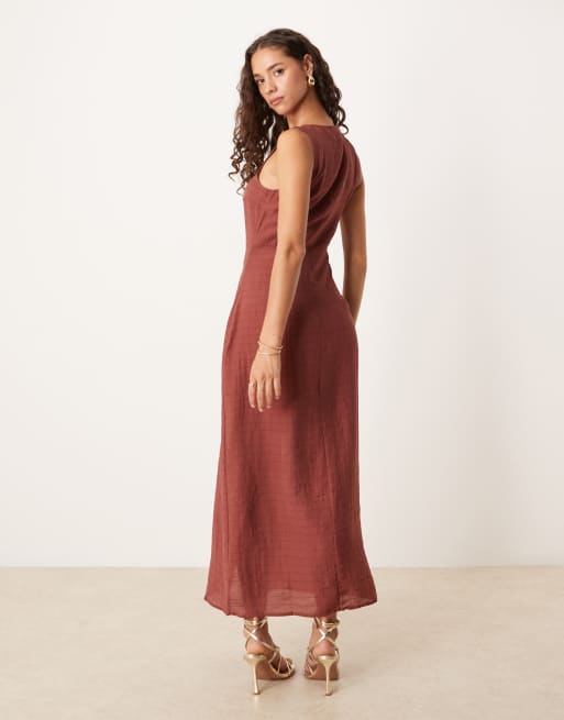 Vestido midi marrón henna tostado a cuadros con botones delanteros de VILA, 3 de 4