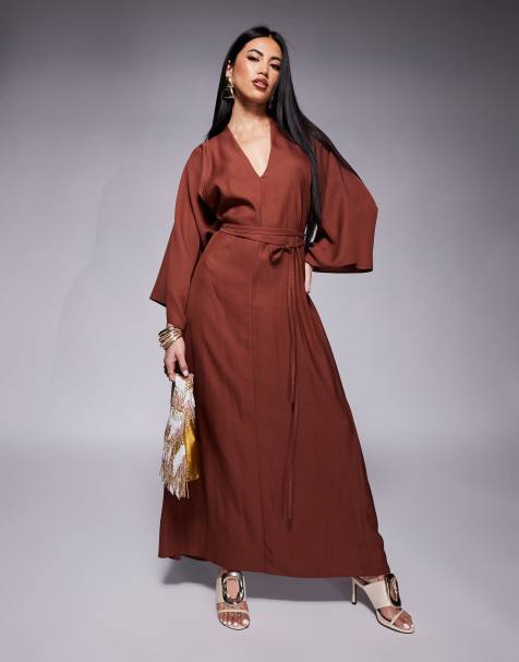 Vestido midi marrón oscuro con diseño cruzado envolvente y mangas kimono de ASOS DESIGN - view 1
