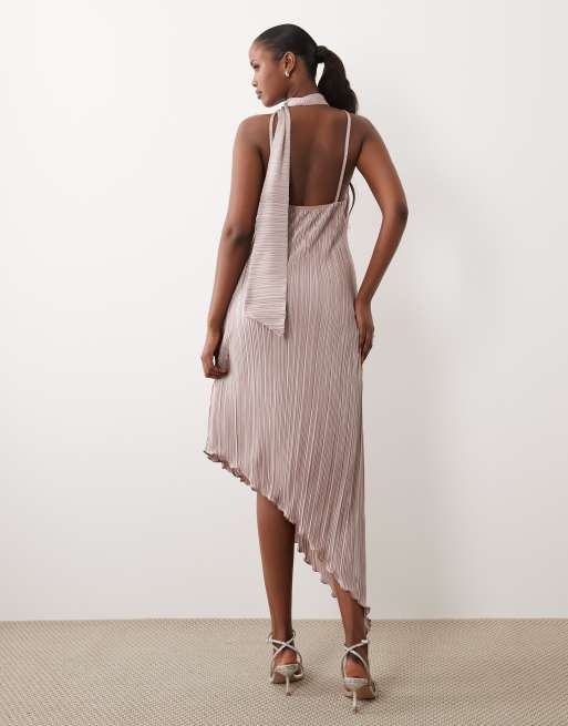 Vestido midi marrón visón plisado y asimétrico con detalle de fular de ASOS DESIGN, 4 de 4