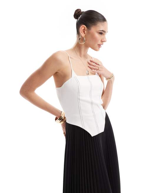 Vestido midi monocromático con detalle de corsé en contraste y falda plisada de Extro & Vert, 2 de 4