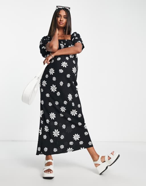 Vestido midi monocromático con estampado floral, escote cuadrado y detalle elástico de ASOS DESIGN Maternity, 2 de 4