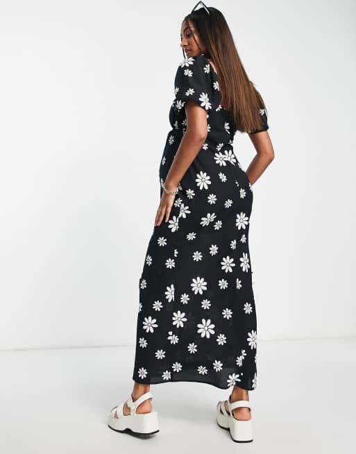 Vestido midi monocromático con estampado floral, escote cuadrado y detalle elástico de ASOS DESIGN Maternity, 3 de 4