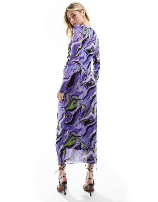 Vestido midi morado ajustado con estampado de ondas de Y.A.S, 3 de 4