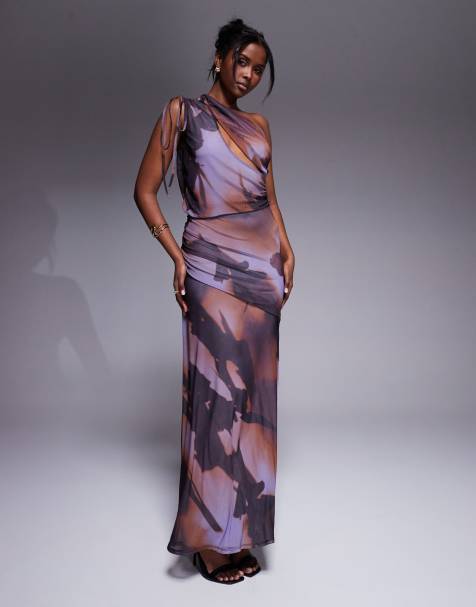 Vestido midi morado asimétrico con estampado difuminado, abertura oblicua y cordón ajustable de malla de ASOS DESIGN - view 1