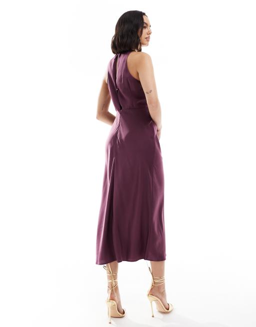 Vestido midi morado berenjena con cuerpo drapeado de satén de ASOS DESIGN, 4 de 4