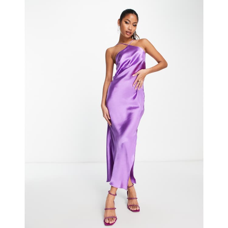 Vestido midi morado con cuello halter abertura lateral y lazada en la espalda de sat n de ASOS DESIGN